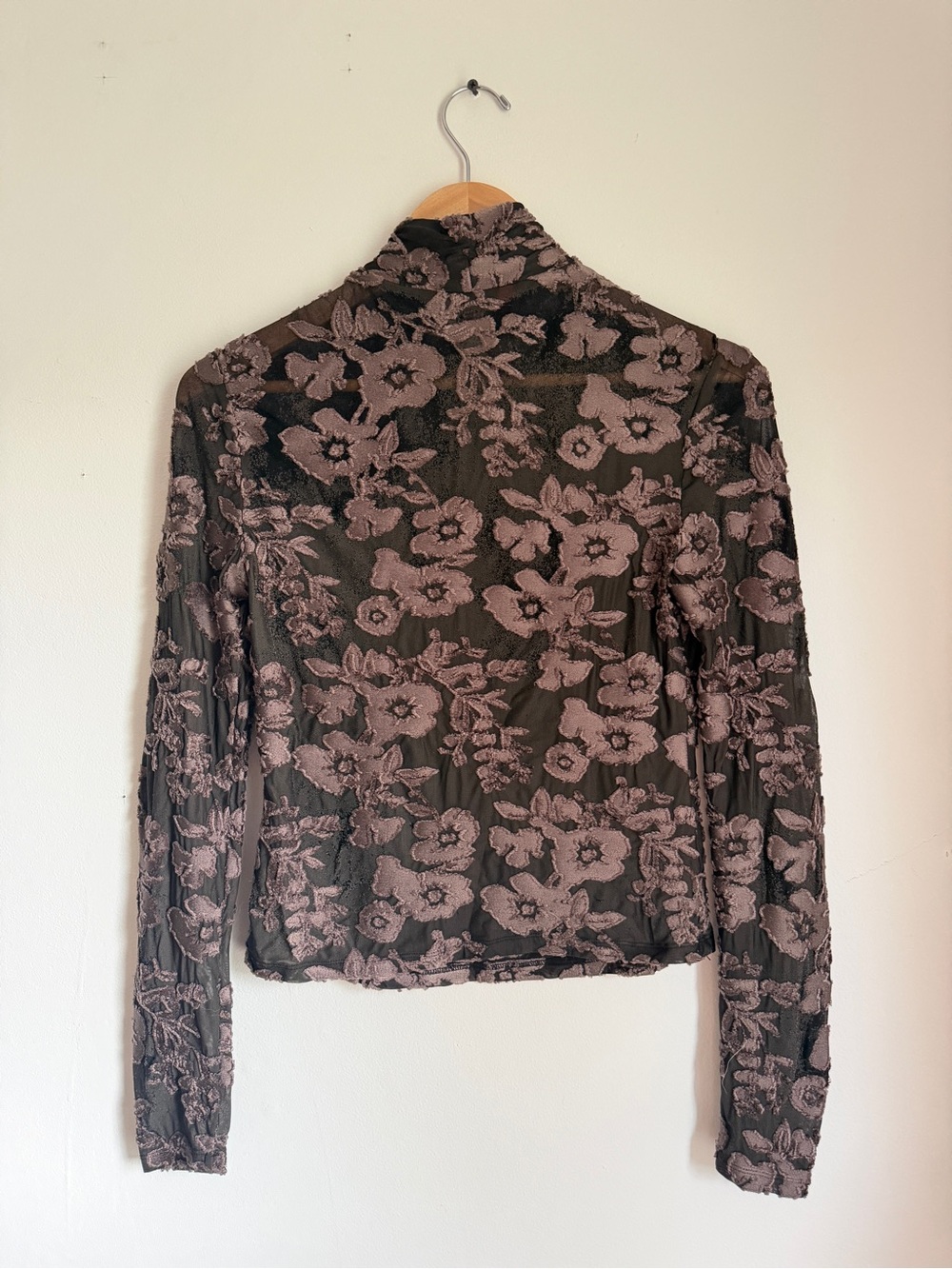 Eckhaus Latta Floral Burnout Mock Neck Long Sleeve Top - Black and Taupe - Picture 5 of 5